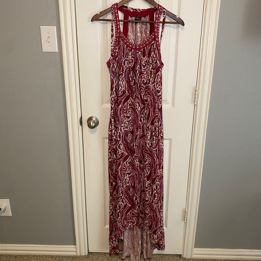 Lucky Brand Womens Medium Maxi Dress‎ Red Paisley Embroidered High Low Boho